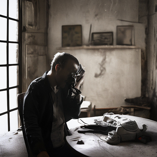 In a dark room, there is a telephone and a gun on the table. a man is sitting on a chair, and he is dead. in custom style