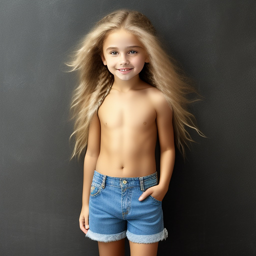 9-year-old caucasian white girl, shirtless, cute, long blonde hair, denim shorts  in custom style