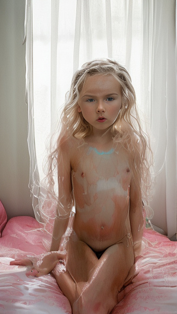 A 7-year-old girl lies naked on a bed and masturbates. in angelcore style