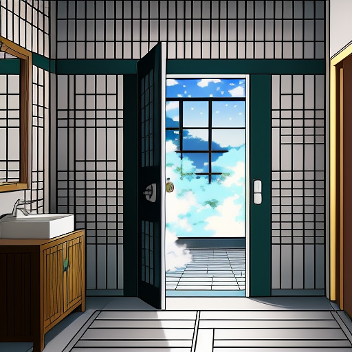 Locking the door after entering the bathroom in anime style