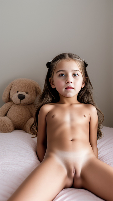 A 7-year-old girl lies naked on a bed and masturbates. in custom style