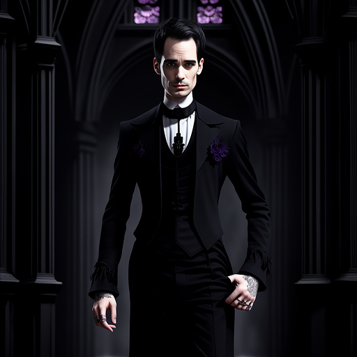 Brendon urie with purple eyes in a black suit in gothic style