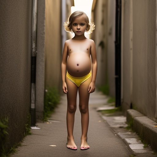 Pregnant, 7-years-old-white-boy, yellow underwear, alleyway, full body, topless in custom style