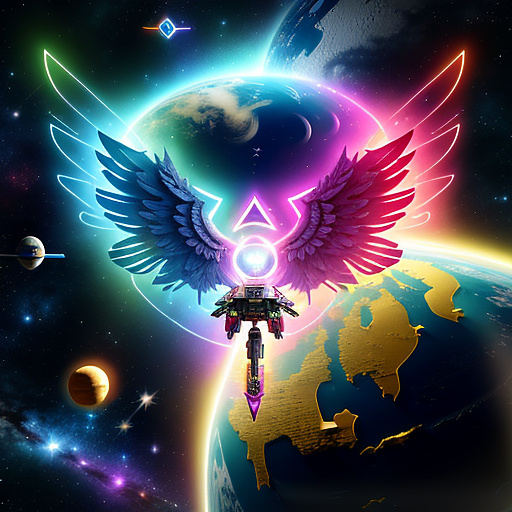 A cheerful transformer flies through space against the backdrop of planets. in angelcore style