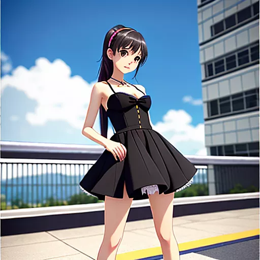 Cute brunette girl, 18 year old, wearing black dress with no panties, standing, beautiful, full body photo from ground level upskirt, lifting up skirt a little, high quality, realistic in anime style