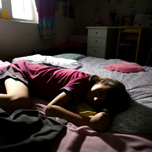 A 13-year-old girl is lying on a bed and crying. the room is dark and messy, the bed is broken. in custom style