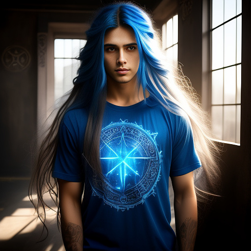 Long-haired boy in blue t-shirt in angelcore style