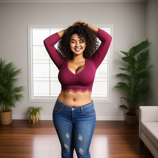 Sexy curvy asian college student with her arms up and large boobs and short curly hair and in a long sleeve lace top and jeans pants and showing her belly and standing in the living room and full body picture in custom style