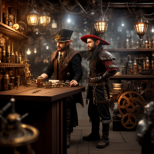 An elf wizard and blacksmith with a small mechanical helper and a drinking problem in steampunk style