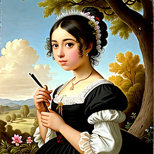 Latina girl in a black dress girl smoking in a meadow in rococo style