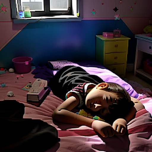 A 13-year-old girl is lying on a bed and crying. the room is dark and messy, the bed is broken. in custom style