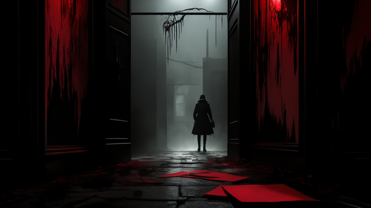 A chilling youtube banner for "unfolding true crime," evoking horror and suspense. dark, eerie abandoned house with cracked walls, flickering streetlamp, and blood-splattered floor. blood-stained case file with embedded knife and papers (red-ink note, torn photo) in center. glowing eyes peer through cracked, cobweb-covered door. colors: black, blood red, ghostly white, sickly green, with crimson drips and pale blue lighting. "unfolding true crime" in jagged horror font (chiller) with blood-drip effect, centered in safe area. tagline "secrets that haunt" in creepy cursive (nosifer). subtle claw marks, cobwebs, ghostly silhouette. photorealistic, cinematic, high-contrast, terrifying. size: 2560 x 1440 px, key elements in safe area (1546 x 423 px). dark, detailed. in gothic style