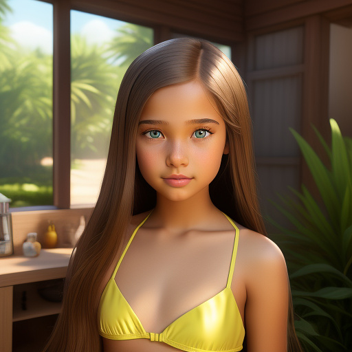 An eleven year old girl with light brown mid length straight hair, light brown eyes, wearing makeup and is wearing a two piece yellow bikini at her house in disney 3d style