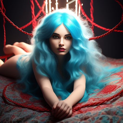 A woman is lying on the bed, naked, with her hands and feet tied with red ropes. her beautiful face is full of fear. she has light blue hair and an oval face. in angelcore style