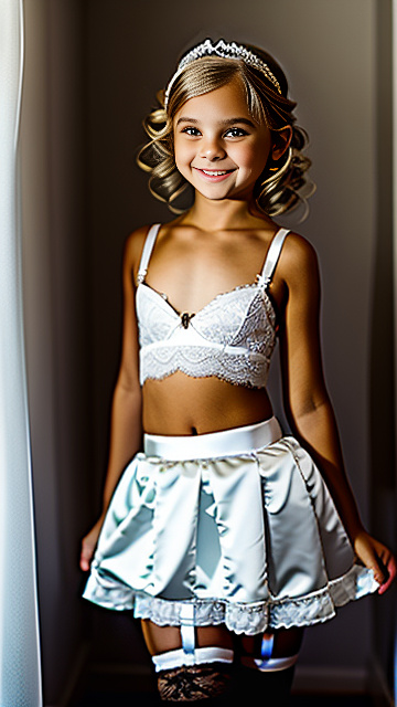 Cute white 5 year blonde girl, lace bra mini skirt,smiling, garter belt, bride tiara long in custom style