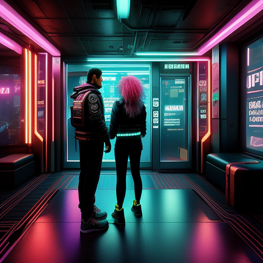 Naked girl stand next to her boyfriend in elevator in cyberpunk style