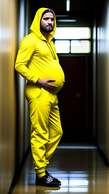 Pregnant male, pedophile face, yellow jumpsuit, school hallway, full body in custom style