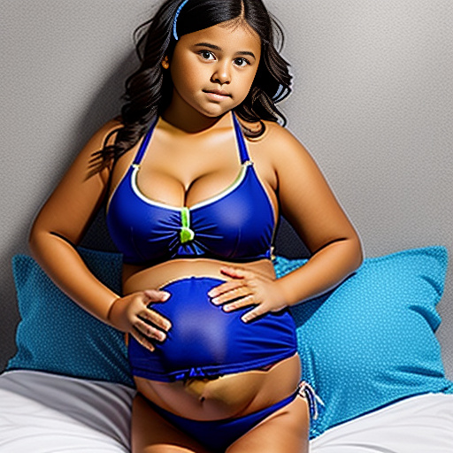 Little sister of 13-years-old pregnant of 40 weeks at bed and a round big belly and not that big boobs dressing a bikini looking back not touching her belly as she had a rough day at school in custom style