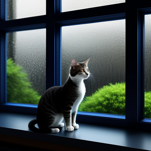 Cat sitting in the window during a rainstorm in disney 3d style