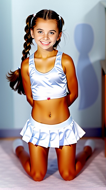 Cute white smiling girl body 7 year body, showing shoulders, slutty school outfit on her knees, hands covering chest in custom style