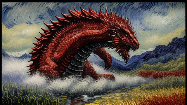 A red dragon god with spikes opening his mouth in neo impressionism style