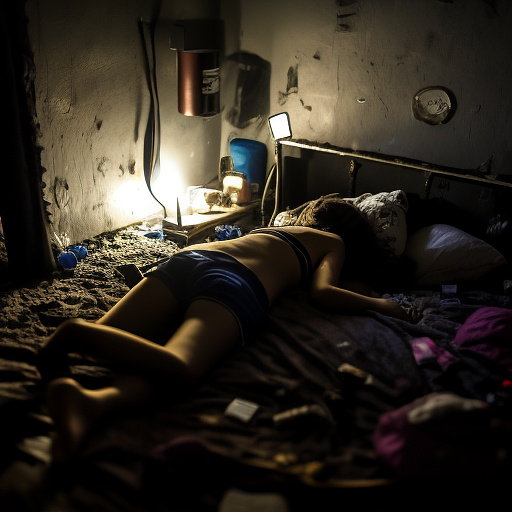 A 13-year-old girl lies on a bed in a dark room and cries. the room is dark, smoky and a mess, the bed is broken. there is an ashtray with an outstanding cigarette on the table. in custom style