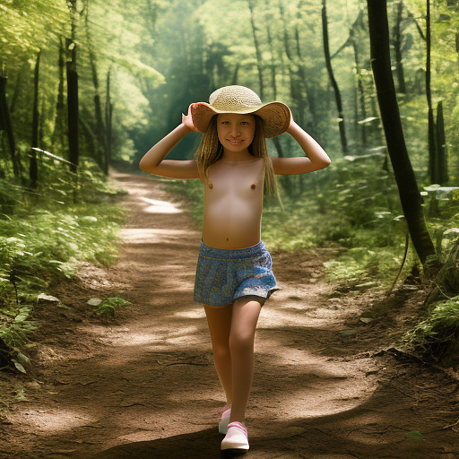A 9-year-old girl is skipping along a forest path. she has a basket in her hands and a sun hat on her head. she's naked in custom style