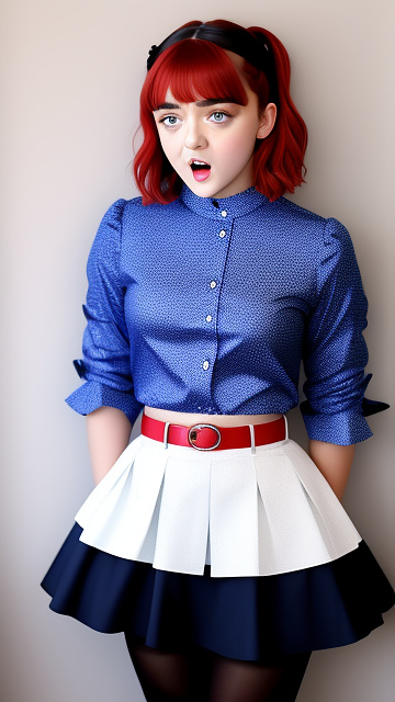 Maisie williams wearing a royal blue blouse with a matching skirt and red belt, wearing black tights and red flats, making the ahegao facial expression. in custom style