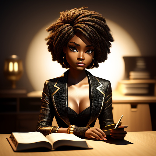 African american chibi woman narrator, elegant and adult-like features, bold eyes, glamorous outfit with golden accents, sitting at a glowing desk with ancient scrolls and a bible open, cinematic lighting.
 in disney 3d style