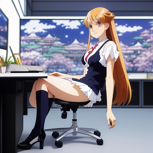 Woman, white stockings, high heels, she is sitting on a mans lap at the computer in anime style