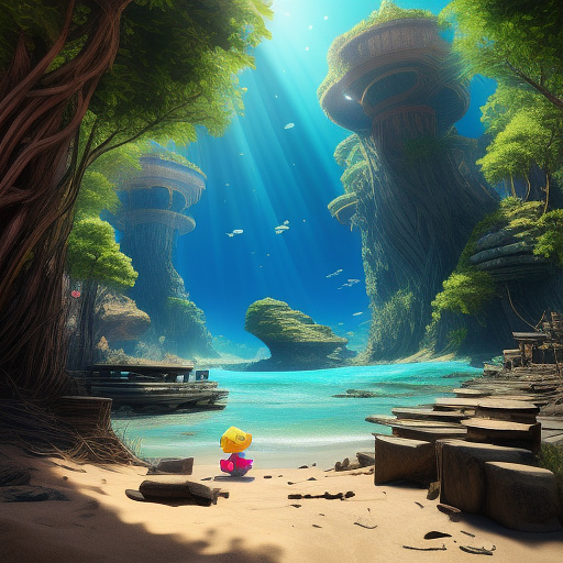 A mermaid and her daughter at an abandoned beach 3d disney cartoon in disney 3d style