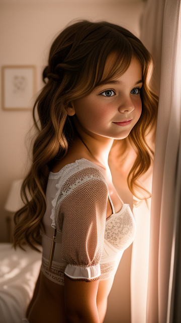 A romantic moment between a childhood couple in a cozy bedroom. the grade-5 sexy hot girl, wearing her french lingerie, shares a gentle kiss with the grade-5 boy. in custom style