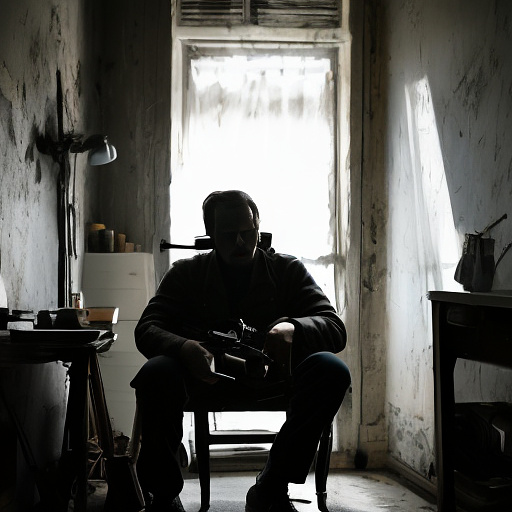 In a dark room, there is a telephone and a gun on the table. a man is sitting on a chair, and he is dead. in custom style