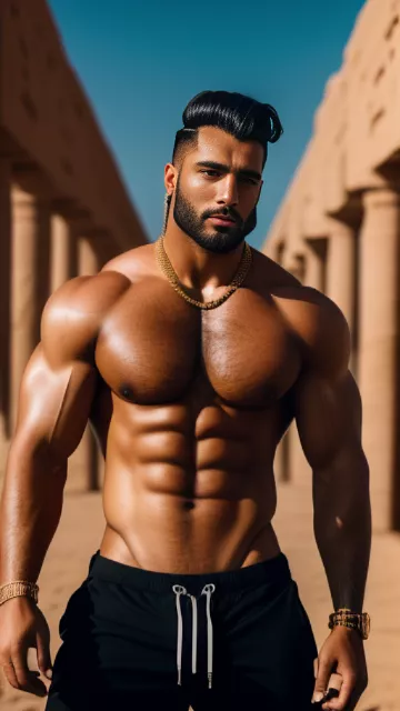 Slicked hair tim gabel muslim arab black full beard extremely hairy chest toxic masculine alphamale thug arabic tattoos wearing thight tanktop sweatpants pumped ripped swollen muscles gold chains bracelets showing off desert in egypt style