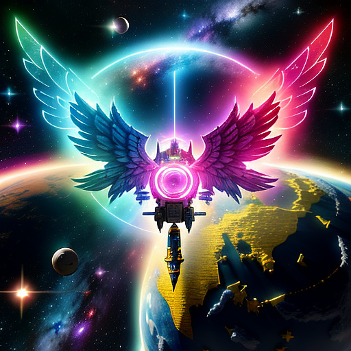 A cheerful transformer flies through space against the backdrop of planets. in angelcore style