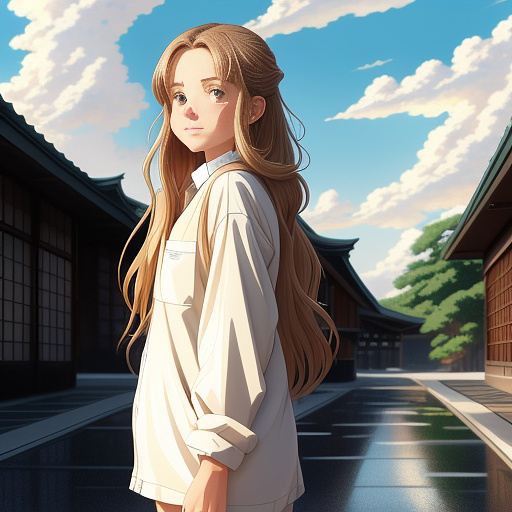 Two people in the picture consisting of one girl with blonde hair and  is putting one hand up into the sky.  
the boy has long brown hair his hands are in his pockets. they are walking down a road. the sky is cloudy and overcast. it is raining
 in anime style