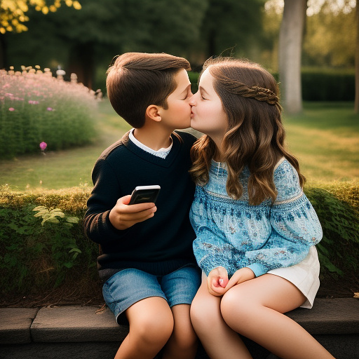 A wholesome romantic scene of a 11-year-old european couple kissing, the girl holding her phone casually, natural skin tones, realistic photography style. in custom style