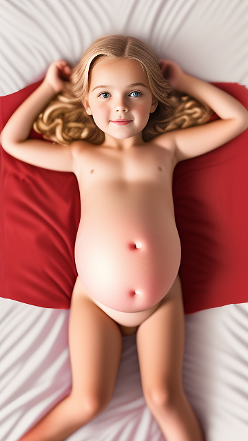 Realistic, detailed, 8-year-old blonde girl, in red peach dress, pregnant, laying in bed, top down full body view, red blush, right hand on belly   in custom style
