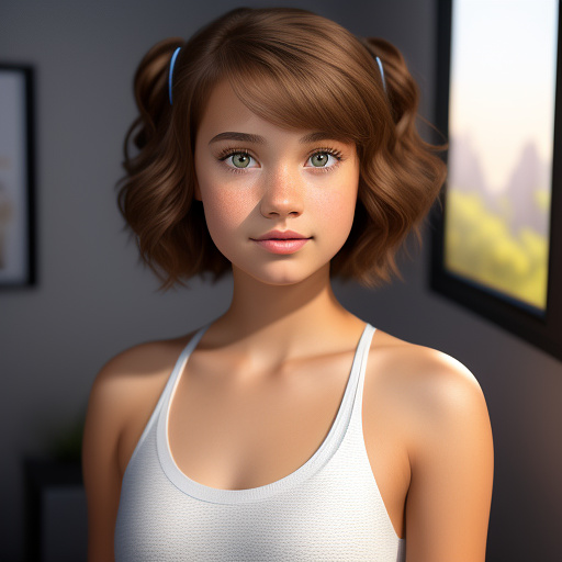 A thirteen year old girl, with short light brown hair and hazel eyes wearing lipgloss and wearing a white tank top in disney 3d style