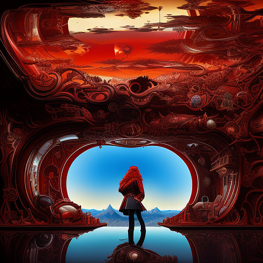 Side view illustration of a dark red colored haired adult woman wearing a red leather jacket, floating in zero gravity a surreal twisted version of modern day reality, dreamy, cool and warm lighting. in surrealism style
