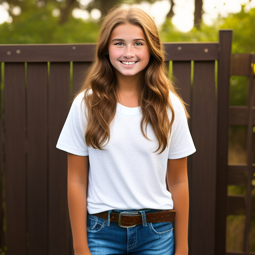 Extremely attractive 13 year old very youthful, happy, country girl with brown hair and big breasts, and a freckled face wearing a loose, dark brown, t-shirt with jeans, boots, and a belt standing in front of a wood fence with chipped, white paint. in custom style