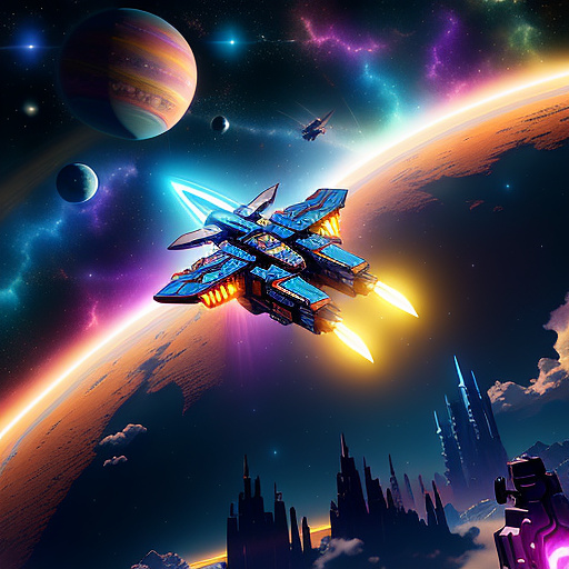 A cheerful transformer flies through space against the backdrop of planets. in angelcore style