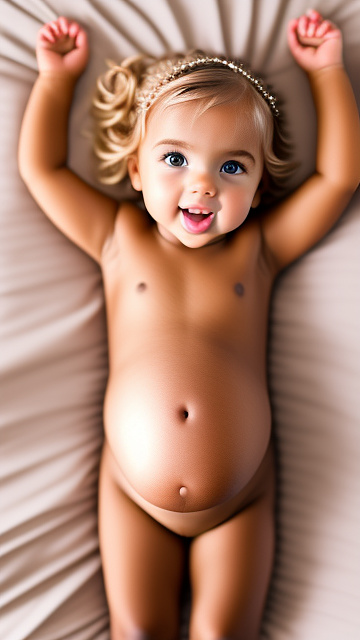 Realistic, detailed, 3-year-old blonde girl, pregnant, tan wedding outfit, showing belly, laying in bed, top down full body view, red blush, dark skin, mouth open,  in custom style
