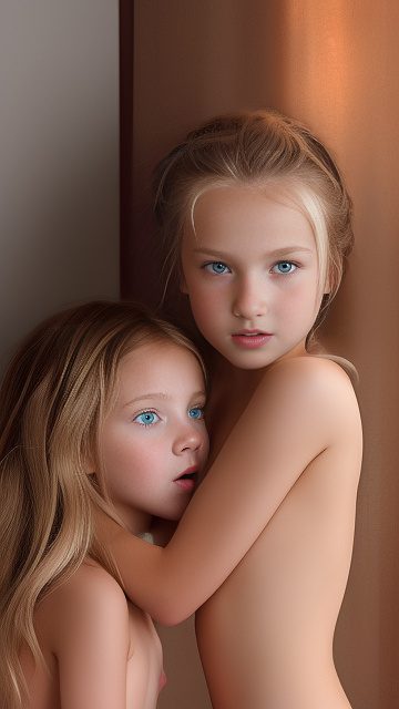 A 9-year-old naked girl is sucking another girl's breast. in custom style