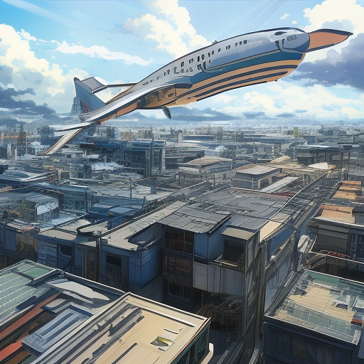 An airplane is flying. people are falling out of it. in anime style