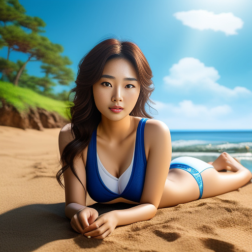 Beautiful korean actress showing her brist, laying on the beach, facing the sky in realistic style