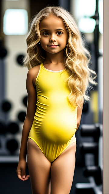 Realistic, pregnant, 7-year-old-girl, skinny, blonde hair, yellow leotard, gym in custom style