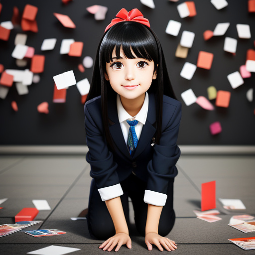 A cute girl with black hair, holding a card in her mouth, kneeling on the ground with a nervous expression, with cards flying in the air behind her in anime style