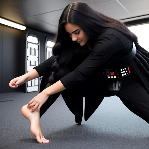 Girl with hair, wearing a black costume, stomps her foot on darth vader. in custom style