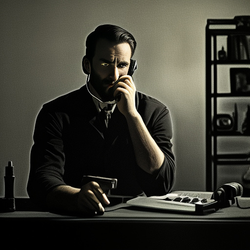 In a dark room, there is a telephone and a gun on the table. a man is sitting on a chair, and he is dead. in custom style